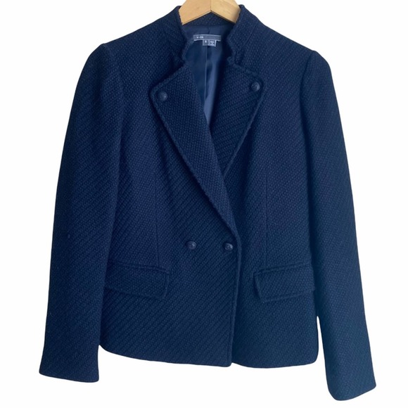 Vince Wool Double Breasted Woven Tweed Blazer Jacket Navy Blue - Picture 1 of 10